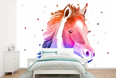 Produktbild von MuchoWow® Fototapete für Wohnzimmer oder Schlafzimmer Wandtapete Vinyl Motivtapete Pferd - Rosa - Lila - Mädchen - Kinder - Mädchen - 420x280 cm - Zimmer für Kinder