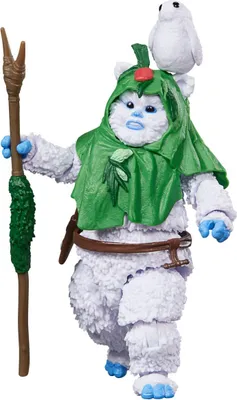A Star Wars Black Series action figure of an Ewok in a holiday-themed outfit, holding a staff and with a Porg on its shoulder.