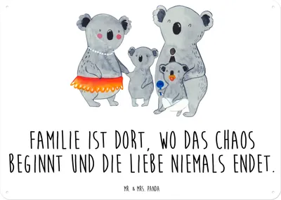 Produktbild von Mr. & Mrs. Panda Schild Koala Familie DIN A5 - Weiß - Geschenk, Blechschild, tafel, Wandbild, Muttertag, Nostalgieschild, Kinder, Papa, Koalas, Türschild