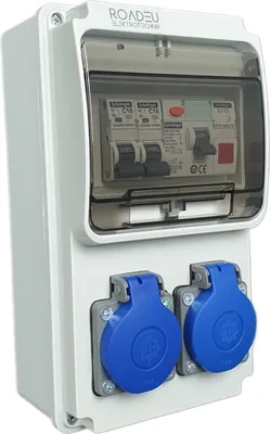 Produktbild von RoadEu - Stromverteiler 230V, 2x Schuko Steckdose, Leuchtmelder Signalleuchte LED Rot, Steckdosenverteiler mit Fi  25A typ A/AC, 2x LS C16A, IP44