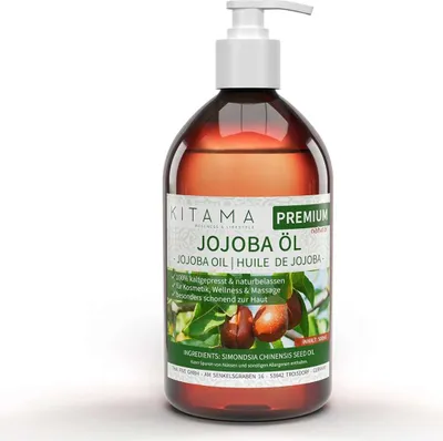 Produktbild von Kitama Jojobaöl kaltgepresst & nativ 500ml gold natürlich & vegan - Wertvolles Jojoba Öl für Haut, Haar & Nägel