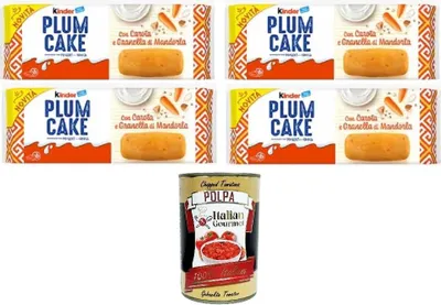 Produktbild von Kinder Plumcake con Carota e Granella di Mandorla Pflaumenkuchen mit Karotten- und Mandelbröseln 4x192gr +Italian Gourmet Polpa di Pomodoro
