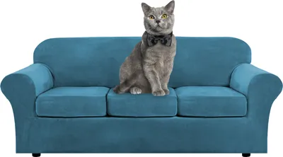 Produktbild von 4 Stück Stretch Samt Sofabezug Möbel Protector Form Fit Dicker Samt Sofabezug für 3 Kissen Couch(3 Sitzer,Blau)