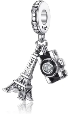 Obrázok produktu pre Charms, prívesky zo striebra 925: motýlik, srdce, Eiffelova veža, fotoaparát, zirkón. Otvor 4 mm. Kompatibilné s Pandora