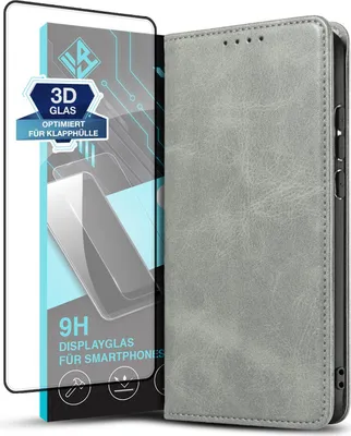 Produktbild von Handyhülle für Huawei Mate 20 Pro mit 9H Displayglas Kunstleder Flip Cover Hülle Handytasche Case Kartenfach Farbe: Grau