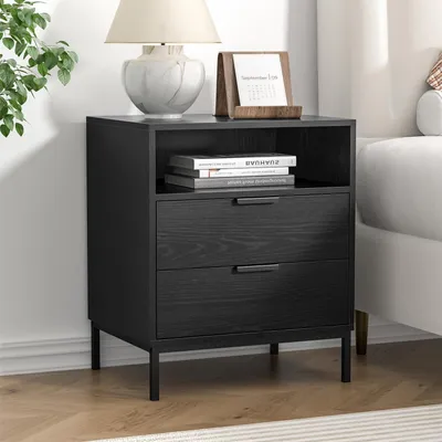 Image de Table de chevet noire avec 2 tiroirs et un compartiment ouvert