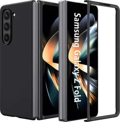 A black phone case is shown next to a folded smartphone, with a screen protector frame also visible.