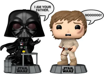 Two Funko Pop! figures, Darth Vader and Luke Skywalker, are displayed side-by-side on a white background. Darth Vader is on the left, with a speech bubble saying 'I AM YOUR FATHER.' Luke Skywalker is on the right, with a speech bubble saying 'NOOOOOOO!' an