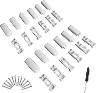 A collection of white plastic parts and screws, likely for blinds or curtains, arranged on a white background.