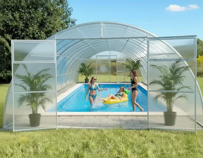 Produktbild von Poolabdeckung von Garten Dream. 4x6M mit 4mm polycarbonate Ganzjährige Nutzung. Schnee- und winddicht. Doppeltüren auf jeder Seite. Rostschutz.