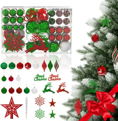 Image de YARDIN Set de 108 boules de Noël,Boules de Noël en plastique avec 3 textures,Laquées, mates et brillantes,Décorations de sapin de Noël à suspendre,Blanc & Rouge & Vert