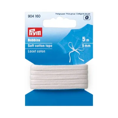 Immagine prodotto di Nastro di cotone, fine, 5 m x 5 mm, bianco, cartoncino