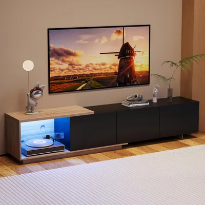 Zdjęcie produktu dla UnboxG Nowoczesna szafka RTV 180 cm, wysuwana 163-240 cm, oświetlenie LED sensorowe 3 kolory, szuflady z możliwością odbicia, przepust kablowy, brąz/czarny