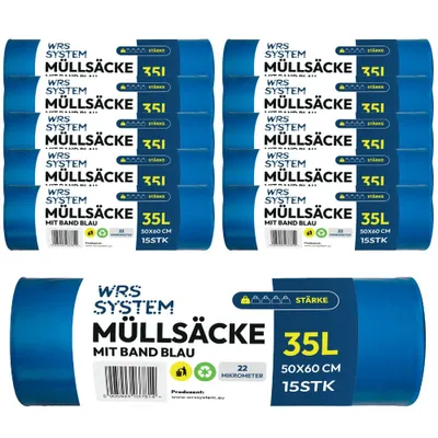 Zdjęcie produktu dla WRS System zestaw 10 worków na śmieci ze tasiemką, 35L 10x15 szt. Wytrzymałe pojemniki na śmieci, niebieskie