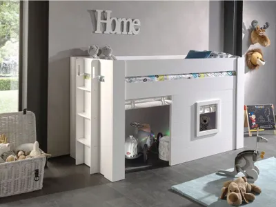 Produktbild von Bett NOHRA-12 halbhohes Bett mit Liegefläche 90 x 200 cm weiß lackiert inkl. Vorhang Set in Creme-Weiß BxHxT: 214x120x96cm