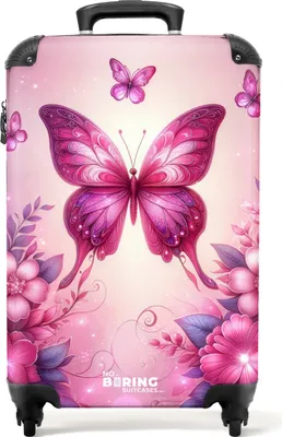 Produktbild von NoBoringSuitcases.com Kinder Handgepäck Koffer 55x35x20 cm, 36L, Niedliche Drucke für Mädchen: Rosa - Schmetterlinge, Reisekoffer mit 4 Rollen