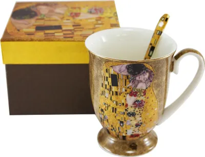 Zdjęcie produktu dla HOME ELEMENTS Porcelanowy kubek z łyżeczką 280 ml, złoty Klimt Kiss
