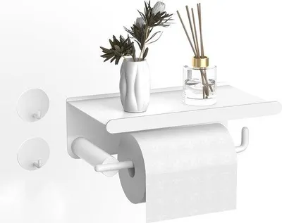 Immagine prodotto di Portarotolo da bagno Famanu con ripiano – acciaio inossidabile, adesivo, con 2 ganci per asciugamani, bianco