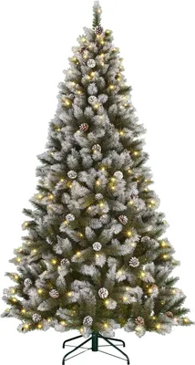 Productafbeelding van Black Box Trees Pittsfield Kunstkerstboom met Verlichting - Kerstversiering voor Binnen - Kunstboom met Dennenappels en Sneeuweffect - Scharnierconstructie - H185 x Ø102 cm - Groen Frosted