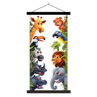 Produktbild von MuchoWow® Textilposter Dschungel - Tiere - Jungen - Mädchen - Giraffe - Elefant - Kinder 90x180 cm mit schwarzem Rahmen - Dekoration Wohnzimmer