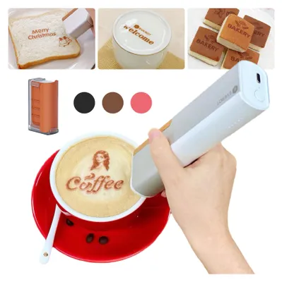 Zdjęcie produktu dla EVEBOT Printpen, przenośna mini drukarka do żywności, przenośna drukarka atramentowa do kawy latte art do projektowania wzorów DIY, połączenie bezprzewodowe BT, odpowiednia do restauracji, piekarni, kawiarni, chleba, herbatników, ciast šC w zestawie z 3 wkładami atramentowymi (czarny) + linijka pomocnicza