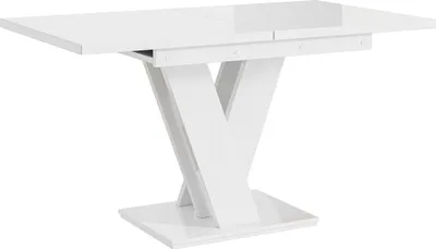 A white high-gloss extendable dining table with a pedestal base, shown from a front-side angle against a white background.