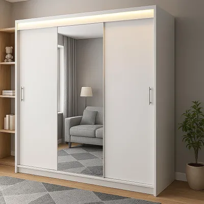 Obrázek produktu pro Třídveřová posuvná skříň RIO-4, 180 × 215 cm, bílá – zrcadlo na čele, v balení police, tyče, LED osvětlení, kvalitní zpracování, snadná montáž