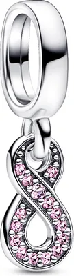 A silver charm with pink stones in the shape of an infinity symbol.