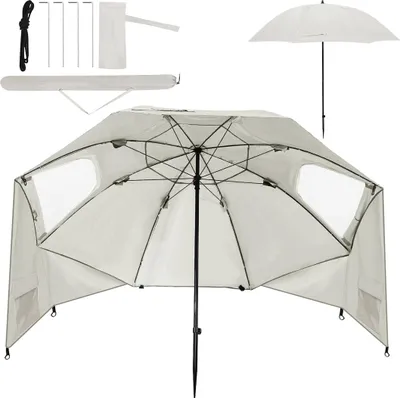 Produktbild von Faziango Strandschirm 210 cm Sonnenschirm mit UV Schutz 50+, neigbar mit Erdspieß und Tragetasche, wasserabweisender Gartenschirm für Strand, Garten & Balkon – Beige