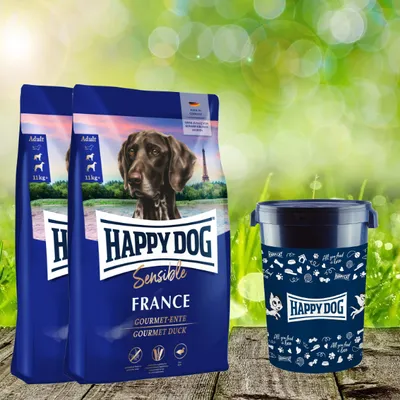 Produktbild von Happy Dog Sensible France 2 x 11 kg + Happy Dog Futtertonne 43 Liter geschenkt