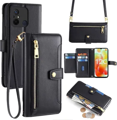 Produktbild von Handykette Xiaomi Hülle mit Band Handyhülle Kartenfächer Kunstleder Umhängetasche Redmi 12C Schwarz