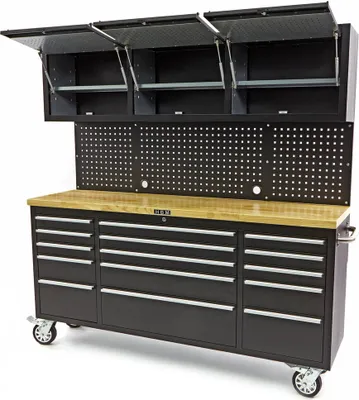Produktbild von Hochleistungs-Werkbank mit Rückwand und Arbeitsplatte aus Holz, schwarz, 182 cm
