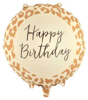 Runder Folienballon mit Happy Birthday Schriftzug und dekorativem Tiermuster Rahmen.