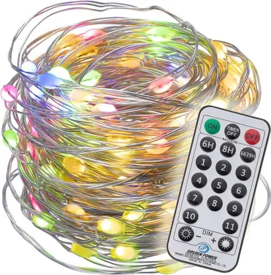A coiled string of colorful LED lights with a remote control.