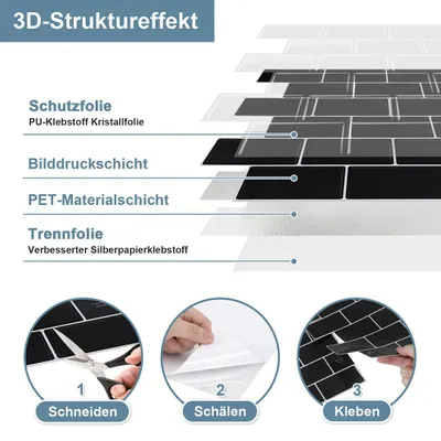 Obrázek produktu pro Izrielar samolepky na dlaždice 30,5x30,5cm fólie na dlaždice 10 kusů dekorativních samolepicích dlaždic černé barvy pro kuchyň koupelnu obývací pokoj pokoje
