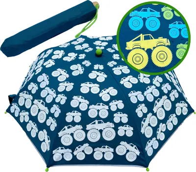 Produktbild von HECKBO Kinder Regenschirm Monster Truck – Farbwechsel bei Regen, reflektierend, Holzgriff, mit Namensschild
