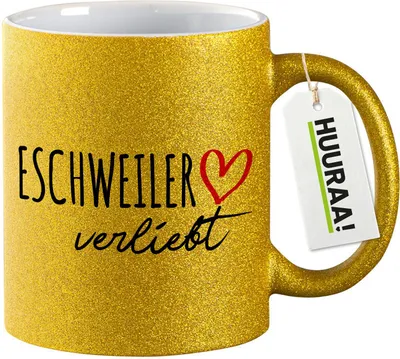 Produktbild von Huuraa Glitzertasse Eschweiler verliebt 330ml Gold Keramik Kaffeebecher Geschenkidee