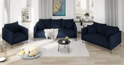 Produktbild von S-STYLE MÖBEL - Harmony - Modernes Polstergarnitur 3+2+1 aus Marineblau Chenille-Stoff mit Hohen Schwarzen Metallfüßen