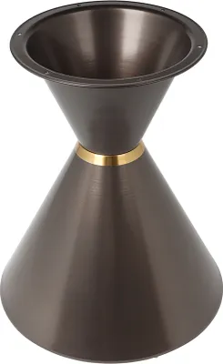 A metal table base with an hourglass shape and a gold band around the middle.