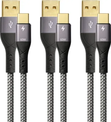 Three USB-A to USB-C cables are displayed against a white background.