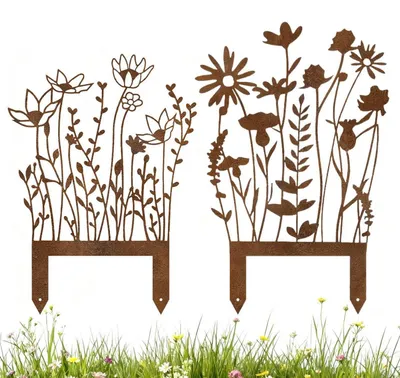 Immagine prodotto di Picchetti da giardino in metallo effetto ruggine, set da 2, decorazioni da esterno per prato, balcone e vasi