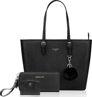 Produktbild von Damen Handtas Draagtassen - Große Kunstleder Schultertas - 15,6 Zoll Leichte Laptop Tragetasche mit Reißverschlussfach - Schwarze Designer Damentasche für Schule, Arbeit, Reisen (Mit Geldbörse)