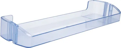 A clear plastic refrigerator door shelf or bin, shown at an angle against a white background.