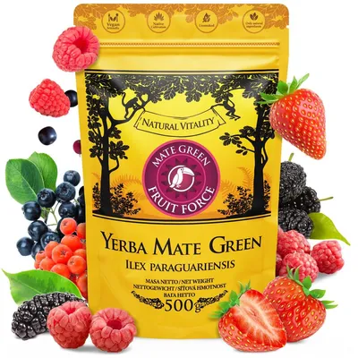 Obrázek produktu pro Yerba Mate Green Fruit Force 500 g – ovocný brazilský čaj Yerba Mate s 17 % bobulí a lesních plodů – jahoda, malina, arónie, bezinka