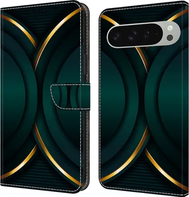 Produktbild von CLM-Tech Handyhülle kompatibel mit Google Pixel 9 Pro XL Hülle - Tasche aus Kunstleder - Klapphülle mit Ständer und Kartenfächern - Schutzhülle Wallet Case Cover goldener Rand Kontur