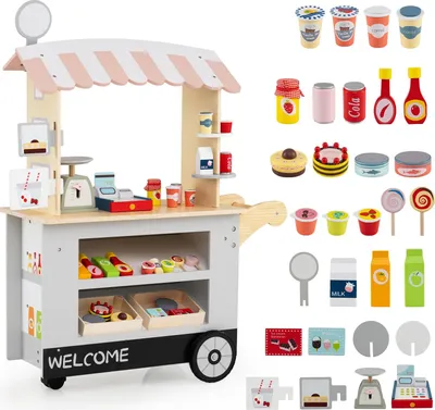 Produktbild von GOPLUS Kinder Kaufladen, Kaufmannsladen mit 2 Ablagen, Baldachin & 30 Zubehör, Einkaufsladen mit 3 Rädern, Schiebegriff, für Kinder ab 3 Jahren (Grau)