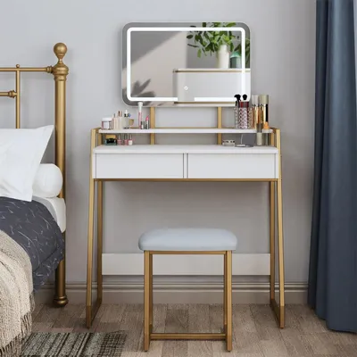 Immagine prodotto di Comò con sgabello - Tavolino da trucco - Ideale per il trucco - Specchio LED regolabile - Dimensioni: 84x142x42,5 cm - Bianco oro