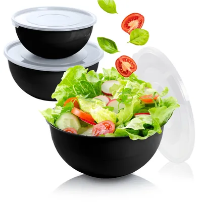 Imagen del producto de Conjunto de ensaladeras de plástico, 3 recipientes de 2 a 5 litros, con tapa, para la cocina