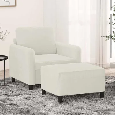 Immagine prodotto di Poltrona color crema con poggiapiedi, 60 cm, in velluto, design moderno, struttura in metallo, seduta confortevole, portata massima di 110 kg, ideale per soggiorno e camera da letto
