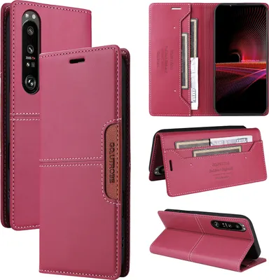 Multiple views of a red leather flip wallet phone case for a Sony Xperia 1 III.